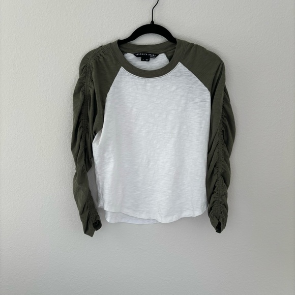 Veronica Beard White and Olive Green Raglan Sleeve Blouse - Picture 2 of 7